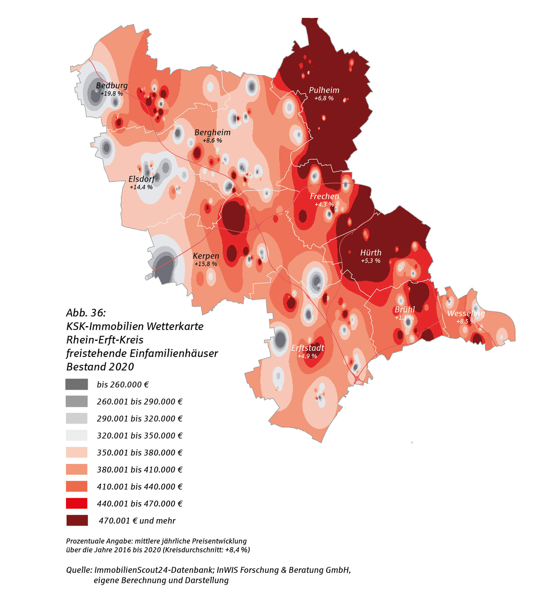 KSK-Immobilien Wetterkarte Rhein-Erft-Kreis für freistehende Einfamilienhäuser, Bestand 2020
