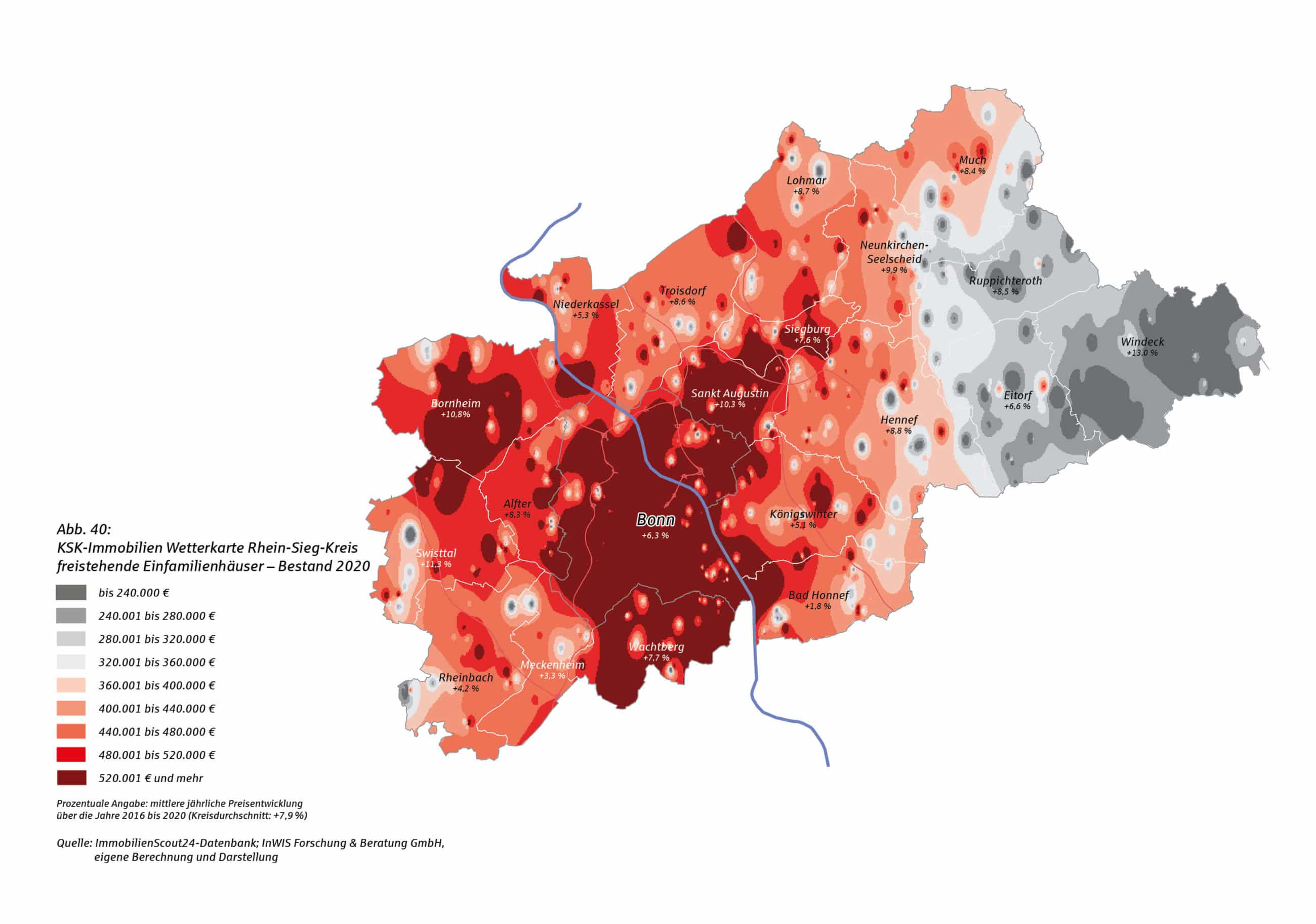 KSK-Immobilien Wetterkarte Rhein-Sieg-Kreis für freistehende Einfamilienhäuser, Bestand 2020