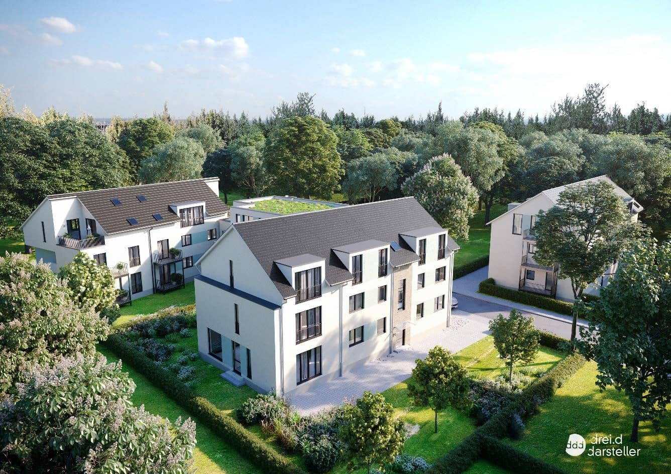 Außenansicht Neubauprojekt Quartier Kippekausen umgeben von Wald