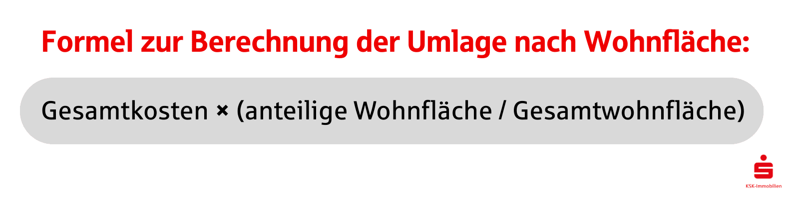 Für die Umlage nach Wohnfläche ohne Verbrauchserfassung gilt folgende Formel: Gesamtkosten x (anteilige Wohnfläche / Gesamtwohnfläche)