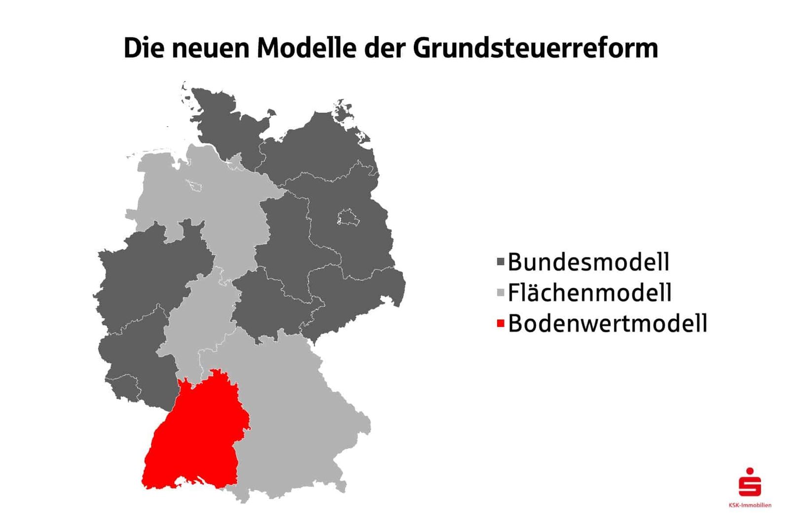 Mit der Steuerreform dürfen die Bundesländer eigene Gesetze und Regeln zur Berechnung der Grundsteuer einführen. Dabei haben sich zumindest zehn der 16 Bundesländer zusammen dem sogenannten Bundesmodell zugeordnet.