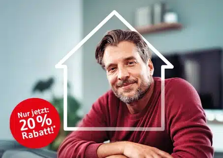 Mann im Hausrahmen mit 20 % Rabatt-Siegel