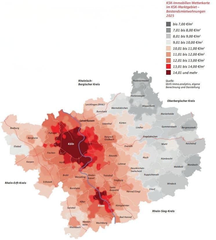 Wetterkarte Preisentwicklung Bestandsmietwohnungen 2025 aus dem KSK-Immobilien Marktbericht 2026