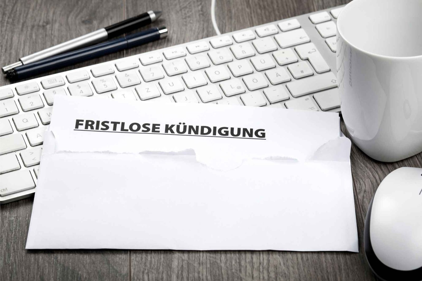 Briefumschlag mit fristloser Kündigung für Wohnung liegt auf Tastatur neben Maus und Kaffeetasse