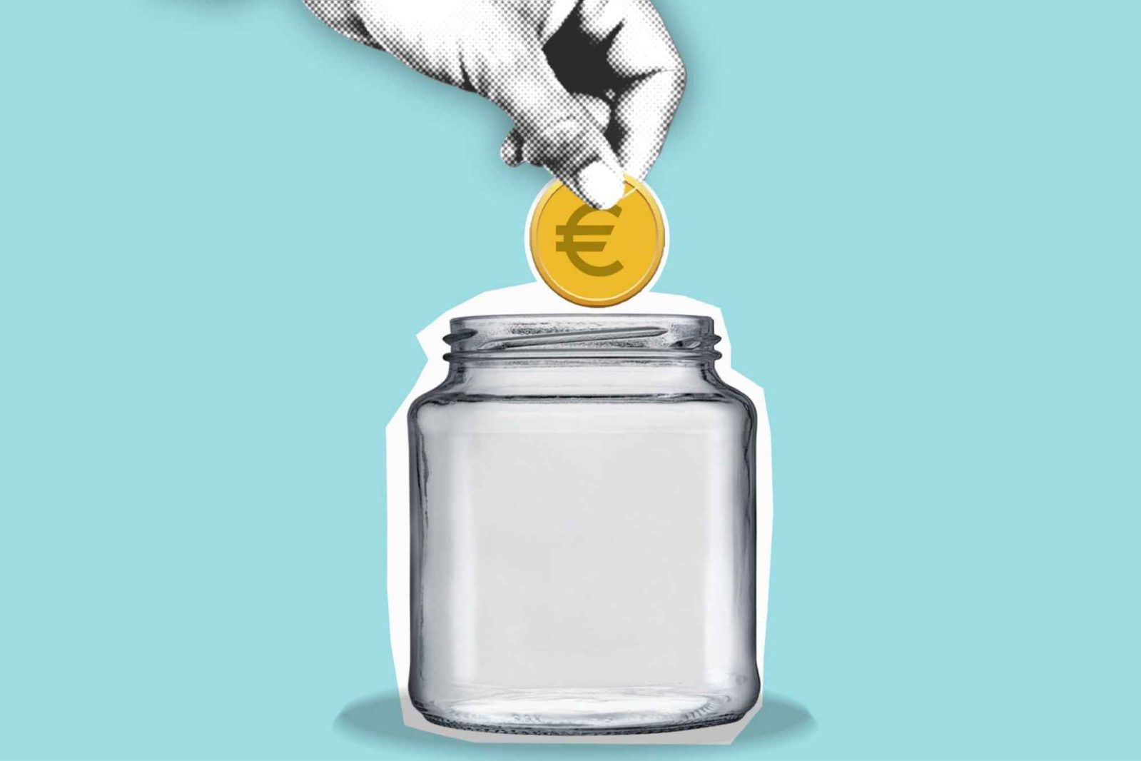 Comic-Hand hält Euromünze über Einmachglas