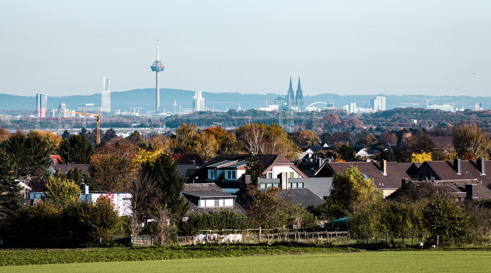 Blick auf den Rhein-Erft-Kreis mit der Kölner Skyline im Hintergrund, Teil des Geschäftsgebiets der KSK-Immobilien