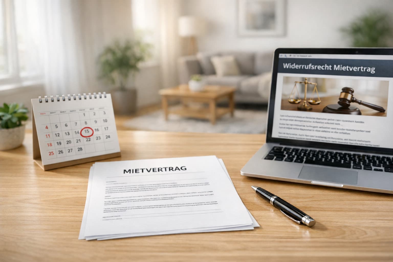 Schreibtisch mit Kalender, Mietvertrag und Laptop mit offener Website zum Widerrufsrecht Mietvertrag